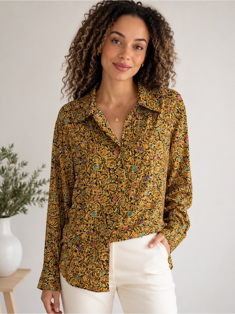 Notations Gold Black Print Button-Up Blouse Size 16W Fits L Vintage Style